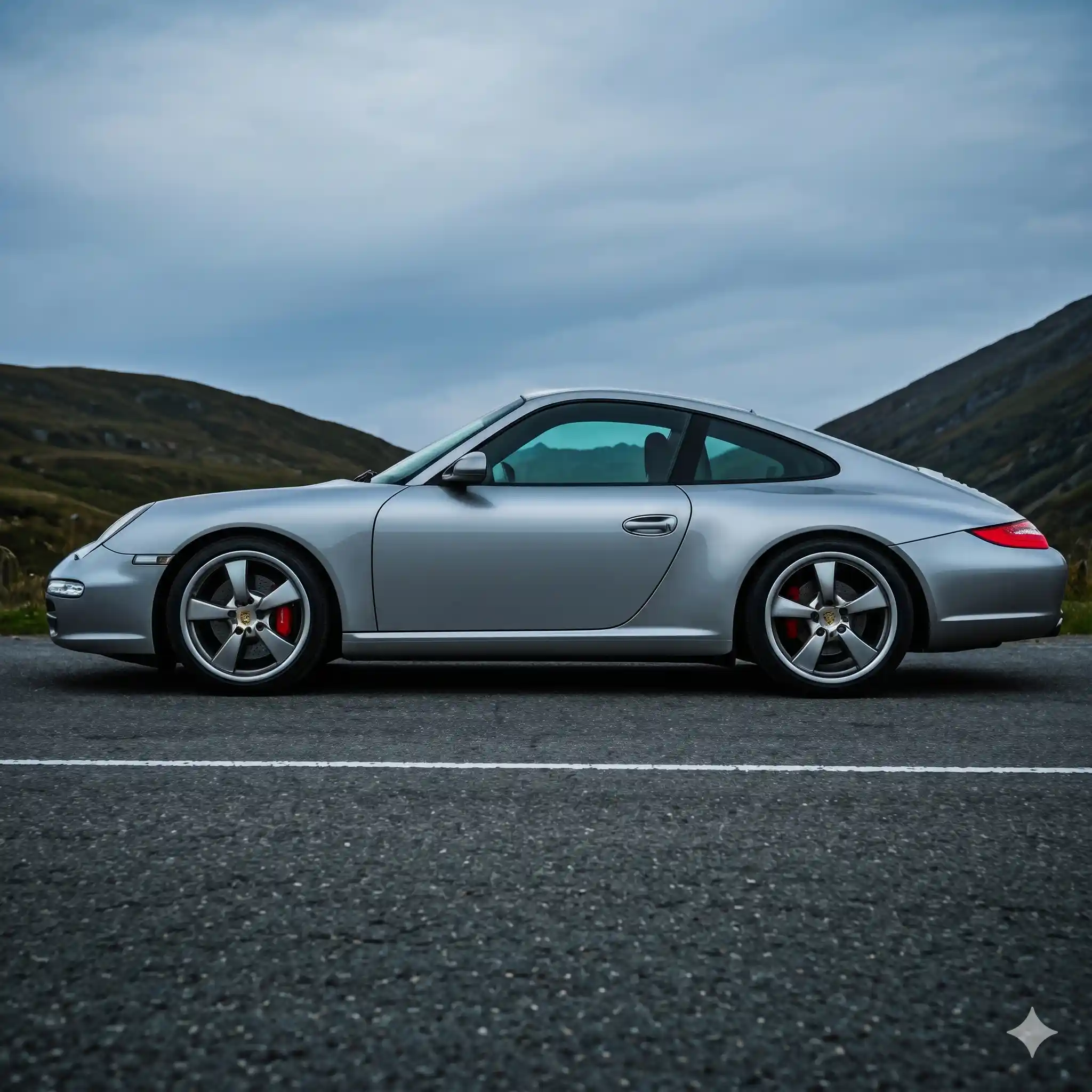 dramatic side profile of a dark metallic silver porsche 911